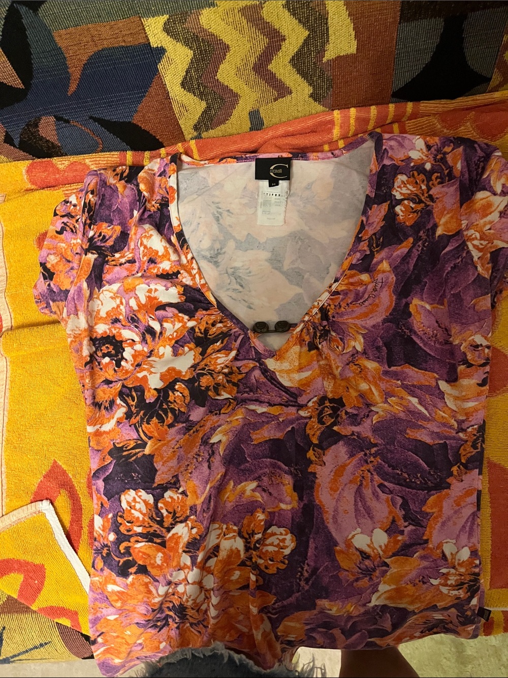 Just Cavalli Floral V-Neck Blouse in Purple & Orange